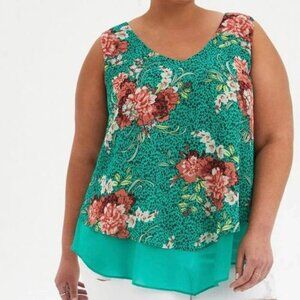 Torrid Chiffon Double Layer Tank Top Green Floral Sleeveless Women's Size 5X